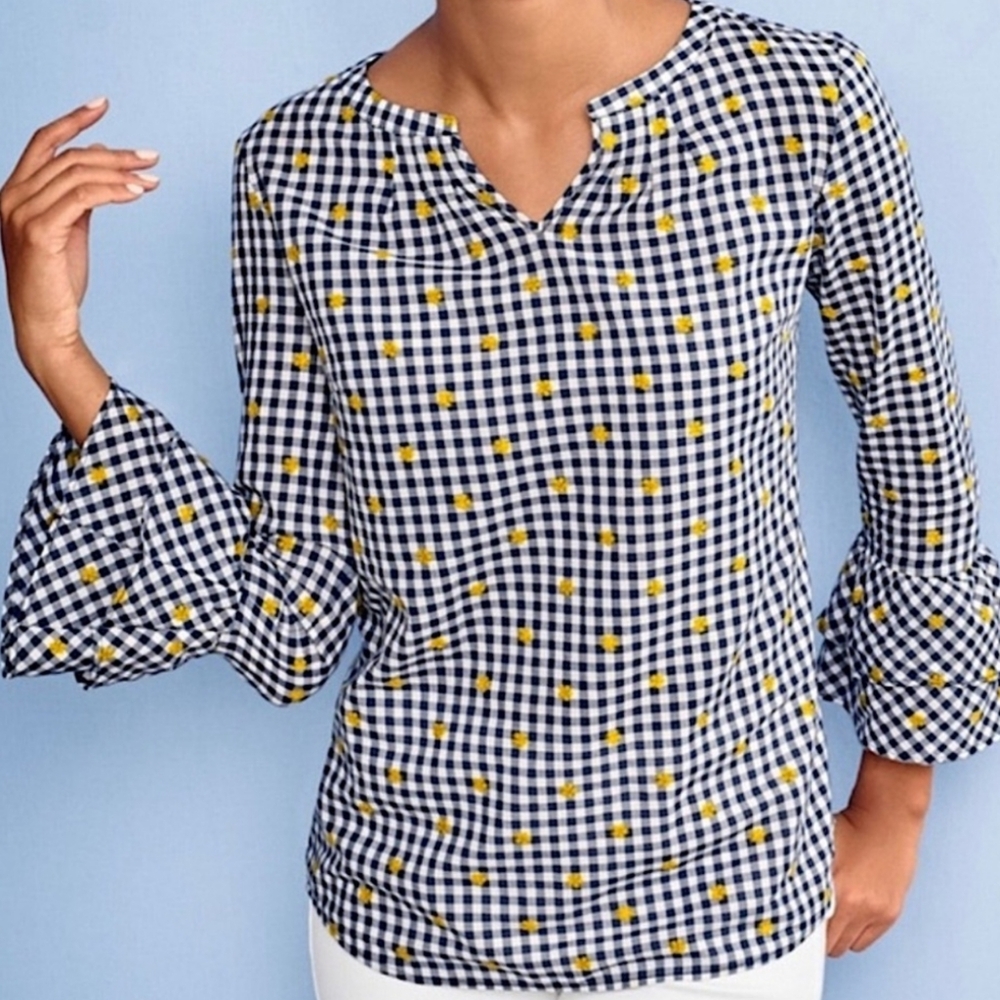 Talbots Navy Gingham Bell Sleeve Blouse with Yellow Dot